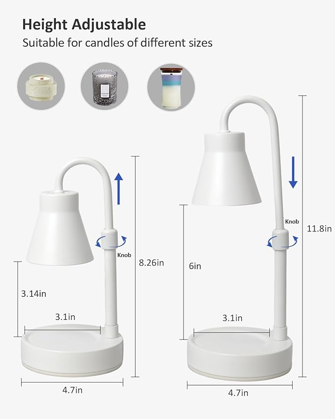 Candle Warmer Lamp with Adjustable Height - Stepless Dimming & Metal Finish - No Flame Scented, Includes 2 Bulbs (White)