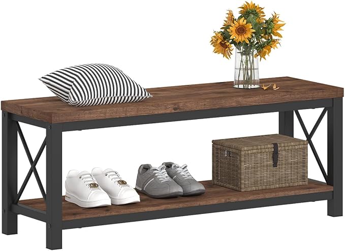 BON AUGURE 2 Tier Shoe Bench with Storage, Wood Metal Entryway Bench, Industrial Shoe Rack Benches for Entrance, Hallway, Mudroom, Bedroom, Indoor (Rustic Oak)