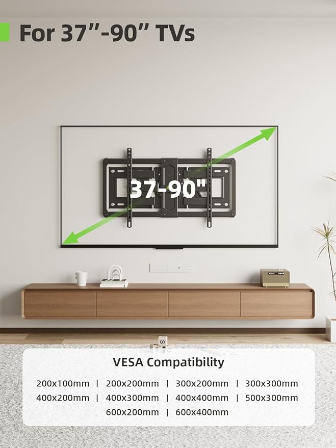USX Mount Ultra Slim Full Motion TV Wall Mount for 37-90 inch Flat Screen/LED/4K, Wall Mount TV Bracket with Dual Swivel Articulating 6 Arms, Max VESA 600x400mm, Fits 8/16/24 Studs