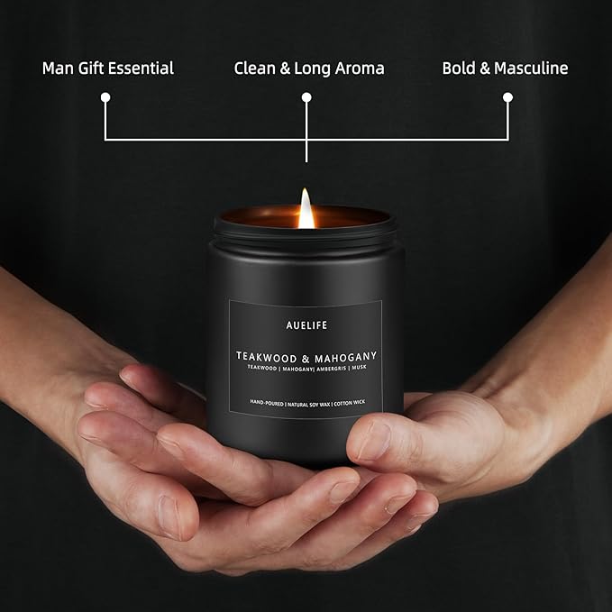 2 Pack Teakwood & Mahogany Candle | Scented Candles for Men, Man Gifts for Men - Masculine Candles - Soy Candle for Home Scented - 7oz Black Jar, Long Lasting