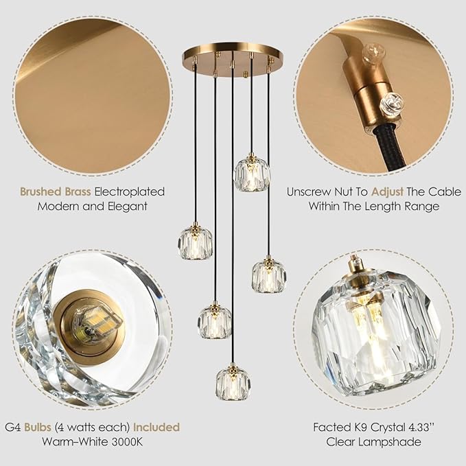 5 Light Pendant Lighting, Brushed Brass Cluster Pendant Light Fixture Kitchen Island, Modern Crystal Pendant Chandelier Hanging Lights for Dining Room Foyer