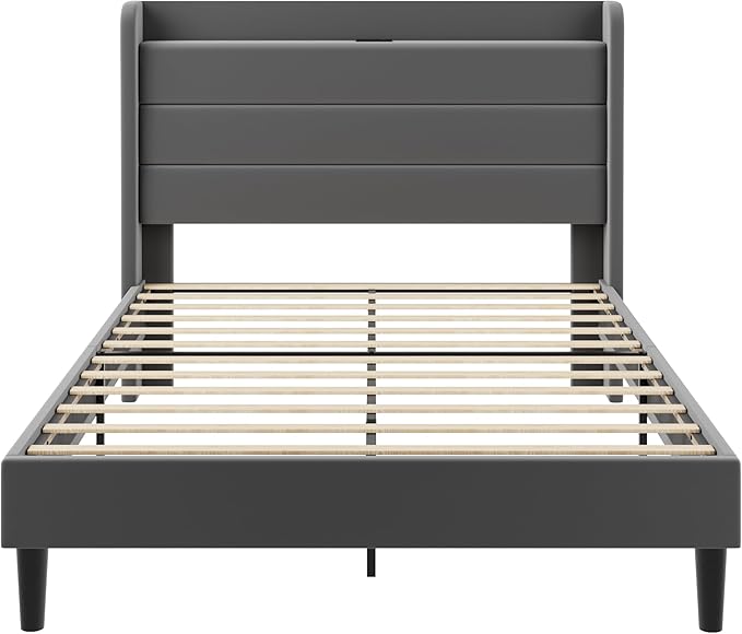 SHA CERLIN Full Size Bed Frame with Charging Station, Velvet Upholstered Platform Bed, Wingback Storage Headboard, Type-C & USB Ports, Strong Wooden Slats, No Box Spring Needed, Easy Assembly, Grey