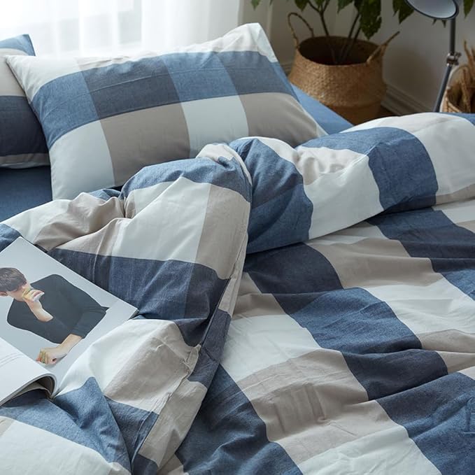 FACE TWO FACE Bedding Duvet Cover Set100% Washed Cotton Duvet Cover Linen Like Textured Breathable Durable Soft Comfy (Full, Blue and White Grid)