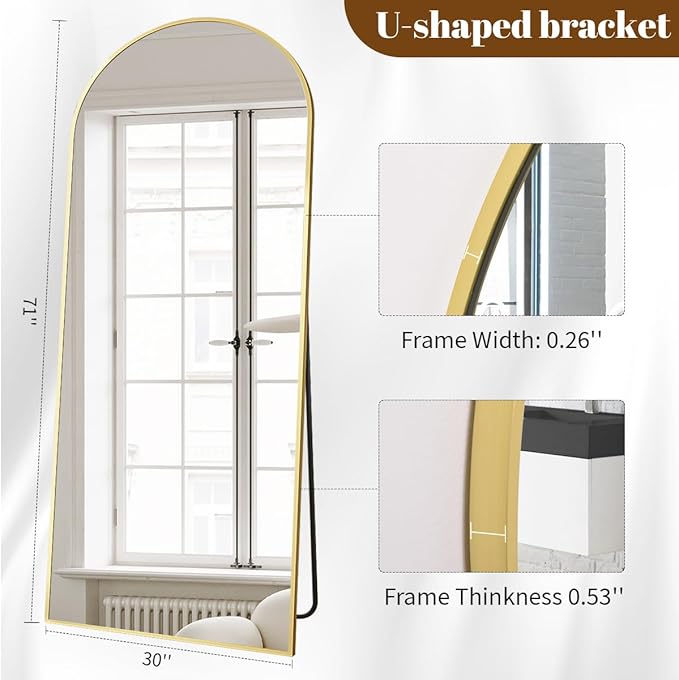 Koonmi 30"x71" Arched Full Length Mirror, Gold Large Floor Mirror with Aluminum Alloy Frame, Standing Hanging or Leaning Wall-Mounted Full Body Mirror for Living Room and Bedroom