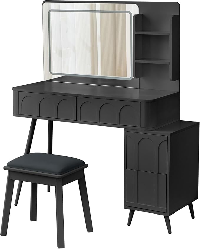 Merax Makeup Vanity Desk with Mirror and Lights, Vanity Table and Stool Set with Drawer & Movable Side Cabinet, Black Dressing Table for Bedroom with Mirror and 3 Color Modes