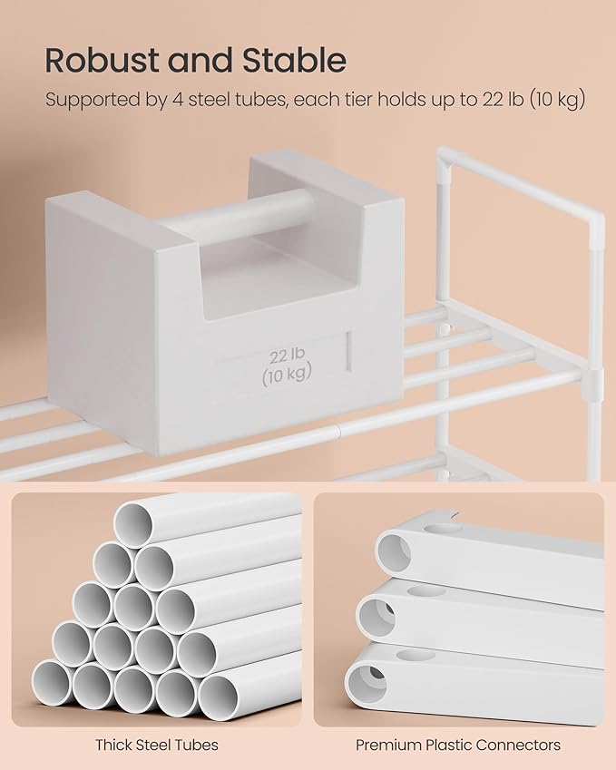 SONGMICS Shoe Rack, 3-Tier Shoe Organizer, Metal Storage Shelf, Upright or Upside Down, for 16-20 Pairs, Stackable, for Entryway, 11.8 x 36.2 x 21.7 Inches, Pearl White ULSA303W03
