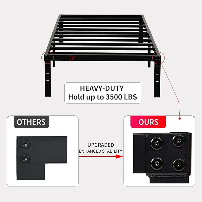 Twin Size Bed Frame, 3500lbs Heavy Duty Metal Platform with Steel Slats Support, No Box Spring Needed, 14 inches high Bedframe with Ample Storage, Sturdy and Noise-Free, Black