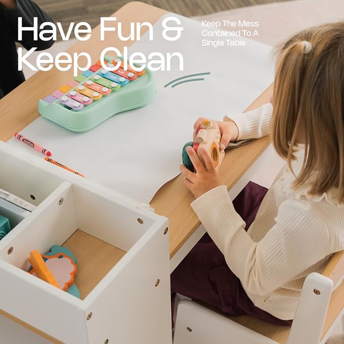 Art Table for Kids - 3 in 1 Kids Table and Chairs Set (2 Chairs Included), White Wooden Craft Table for Kids with Bookshelf and Paper Roller, Arts & Crafts Activity Table - Kids Art Table by Cal & Rye