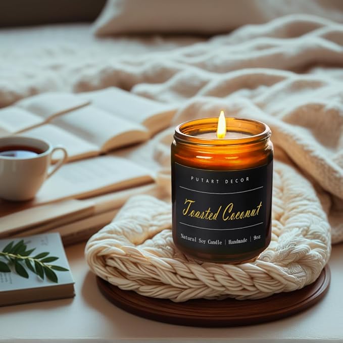 Toasted Coconut Scented Aromatherapy Soy Wax Candle, 9oz, Non-Toxic, Long Lasting, Modern Black Jar