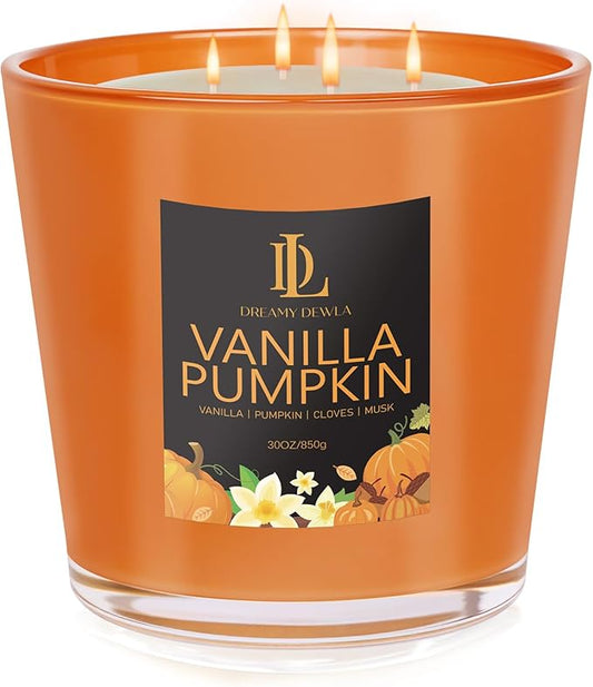 Vanilla Pumpkin Candle, Fall Scented Candle, Large 30oz Natural Soy Candles, 4-Wick 80 Hour Burn Time, Autumn Fragrance Candles Gifts for Home Decor
