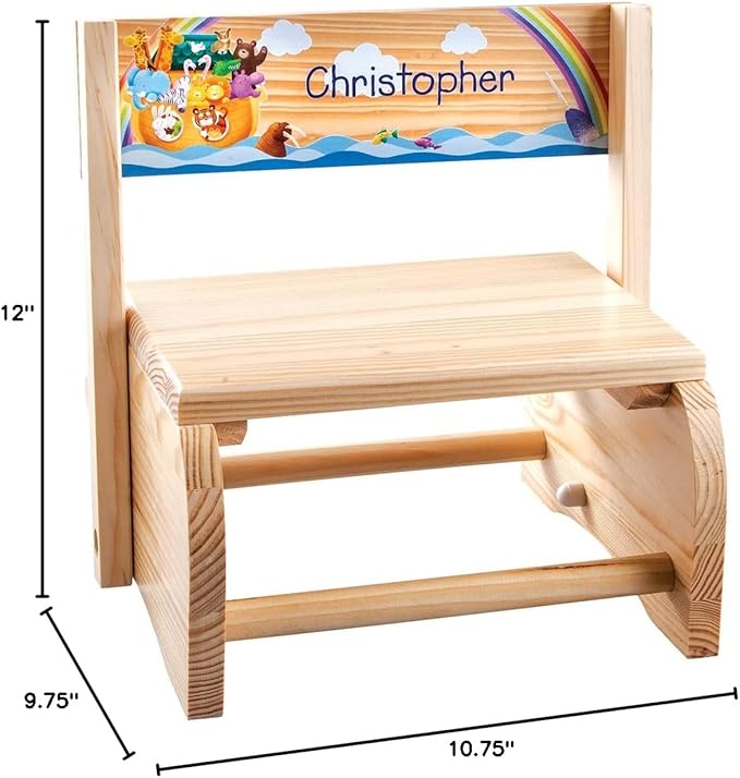 Custom Natural Noah's Ark Step Stool, Made of Durable Wood, Natural Finish - Measures 9 3/4" x 10 3/4"