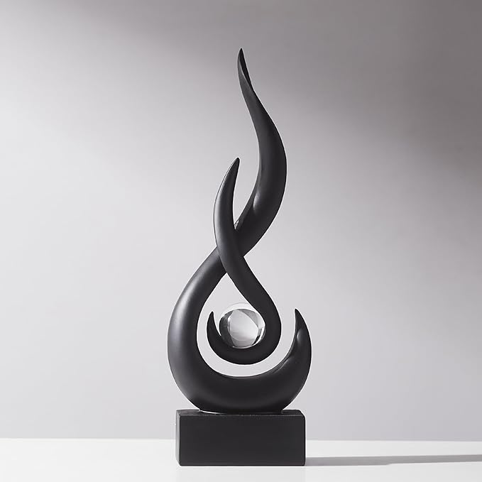 AWNR Modern Black Sculpture Decor: Flame Statue with Glass Ball Resin Abstract Art Figurines Unique Centerpiece for Living Room TV Stand Coffee Table Office Decor