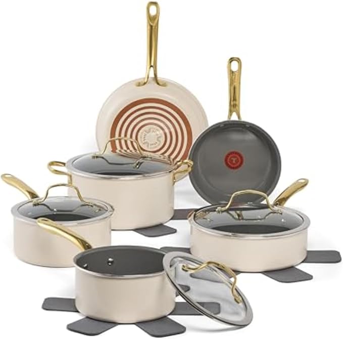 T-fal Preserve Ceramic, Non stick Cookware Set 13-Piece, Oven & Broiler Safe up to 350ยฐF, Includes Stockpot, Saucepans, Frying Pans, Protectors, Pots and Pans, Beige