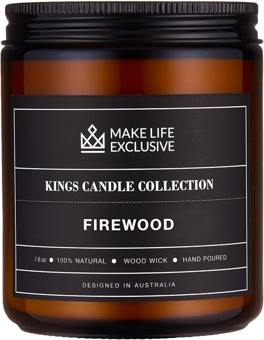 Scented Candles for Men | Firewood & Campfire Scented|Wooden Wick, Long Lasting, Masculine Scents | Natural Soy Jar Candle for Home, Bachelor Pad Decor | The Perfect Mens Gift.
