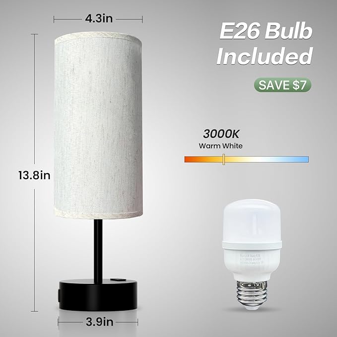 KPQ Small Bedside Lamp Touch Control Table Lamp with USB A+C Charging Ports & AC Outlet 3-Way Dimmable Nightstand Lamp with Linen Fabric Shade for Bedroom Living Room