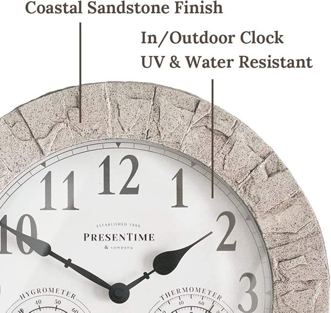 Presentime & Co Sandstone Outdoor Clock with Thermometer & Hygrometer as All in one Weather Station, 14", Coastal Sandstone Finish. Weather Thermometer, Outdoor Décor, Wall Décor.