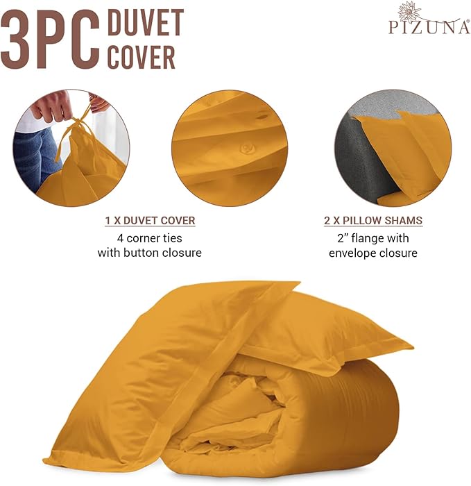 Pizuna Pure 100% Cotton Full Duvet Cover Set, Luxurious 400 Thread Count Long Staple Cotton Sateen Weave with Button Closure (Combed Honey Gold Cotton Duvet Cover Full)