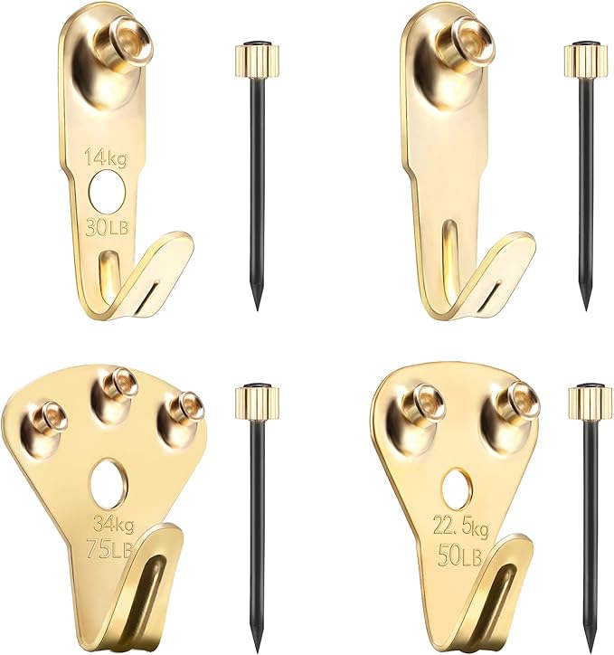 Jetec Plaster Picture Hangers Hooks Picture Gold Hanging Kit with Nails for Plaster Wall Wooden Wall Drywall Mounting(50 Pieces,30 lbs)