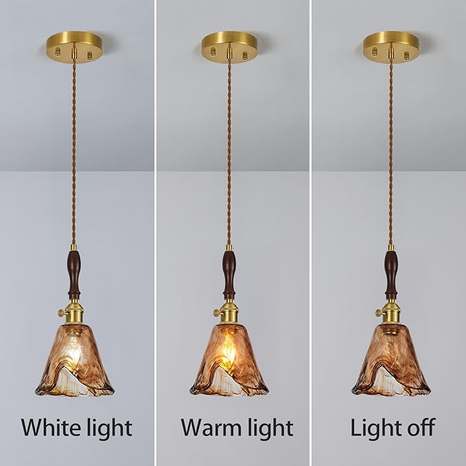 Brown Glass Vintage Pendant Light 6.18" Handmade Glass Pendant Lights Kitchen Island Gold Hanging Light Fixture for Bedroom Dining Room Hotel (1 Pack)