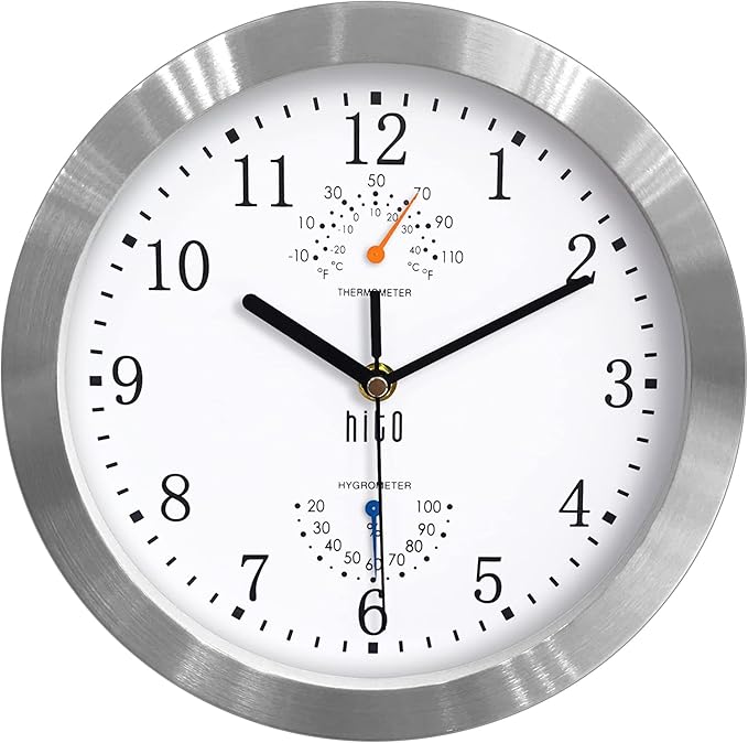 HITO 10 Inch Silent Wall Clock Battery Operated Non Ticking Glass Cover Silver Aluminum Frame, for Kitchen, Bedroom, Home Office, Living Room Decor (White)