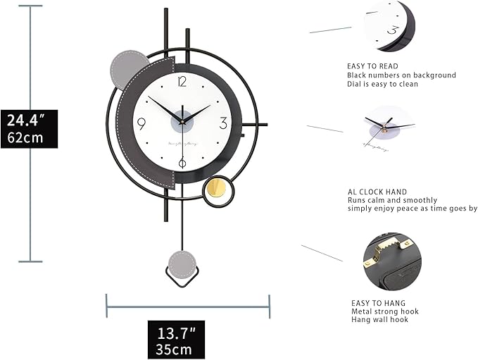 FLEBLE Modern Wall Clocks for Living Room Decor Large Pendulum Wall Clock Battery Operated Non-Ticking Silent for Kitchen,Bedroom,Office Metal Decorative Wall Clock for House Indoor 14 * 24 inch