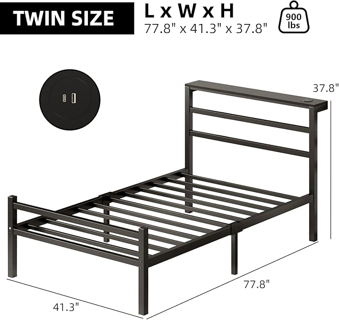 Twin Size Bed Frame with LED Lights, Metal Platform Bed Frame with Storage Headboard, Modern Bed Frame with Charging Station, Heavy Duty Metal Slat, No Box Spring Needed, Easy Assembly, Black