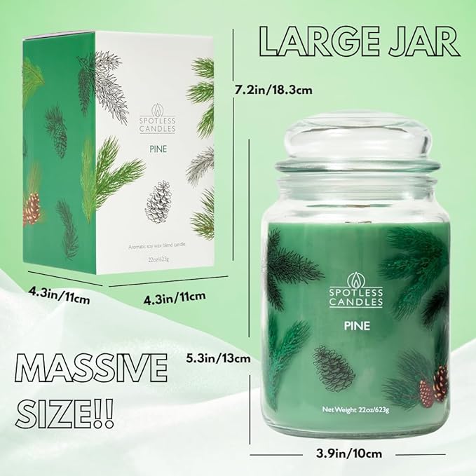 Pine Candle - Large 22oz Glass Jar with Wooden Wick 130 Hours Burn Time - Decorated Jar Within a Presentation Gift Box and Protective Shipping Box