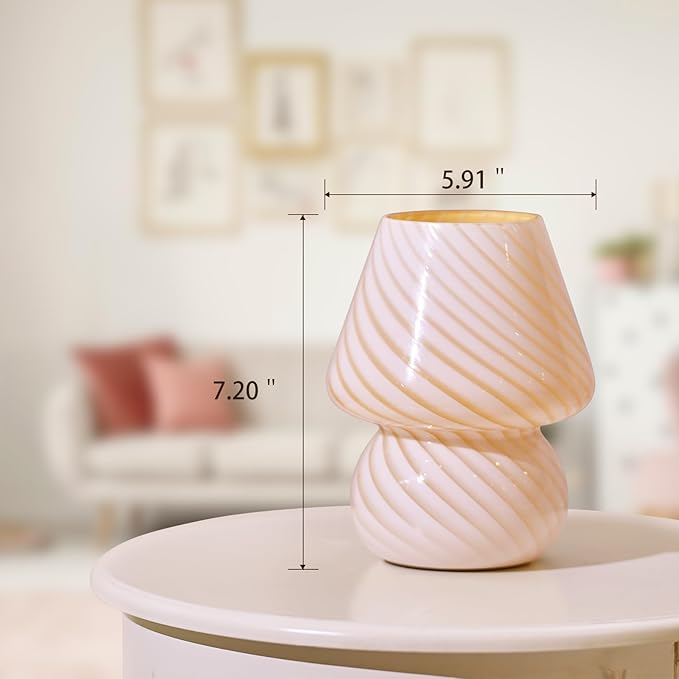 ONEWISH Mushroom Lamp-Small Bedside Table Lamp with Striped Glass, Nightstand Night Light for Bedroom Living Room, 3000K 6.5W Bulb Included, for Christmas Day, Creamy Yellow