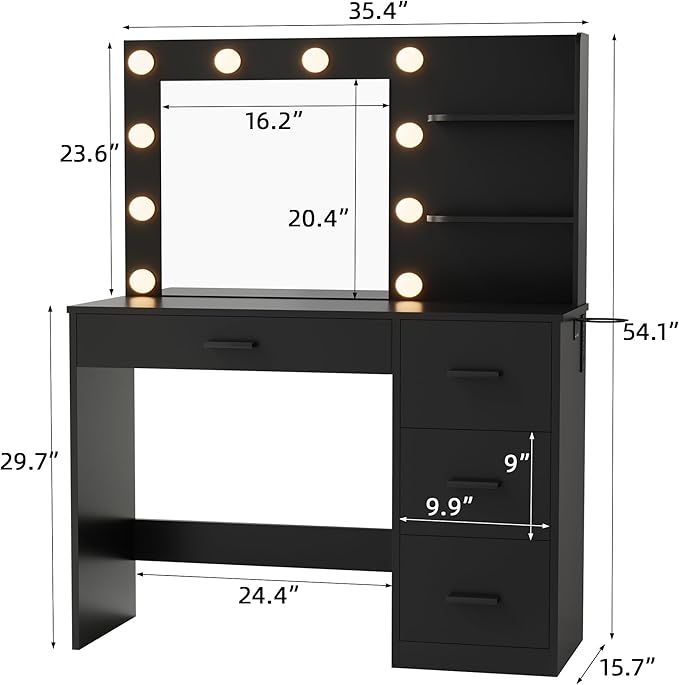 YESHOMY Vanity Desk with Mirror, 10 Lights, Power Outlet and 3 Storage Shelves, Makeup Table with 4 Drawers, 3 Color Modes, for Bedroom, Pure Black