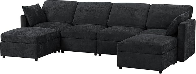 110” Chenille 4 Seats Sofa W/2 Movable Ottoman, Modern Fabric U Shaped Couch w/Soft Backrest, Upholstered Sectional Sofa w/Armrest Pillows for Living Room, Office, Black