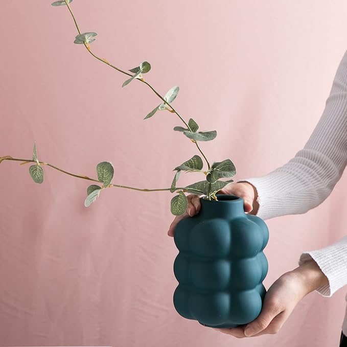 Ceramic Vase, Modern Dried Flower Vase, Blue Teal Vase with Raised Dots, Boho Home Decor for Centerpiece Wedding Dinner Table Party Living Room Office Bedroom, Housewarming Gift