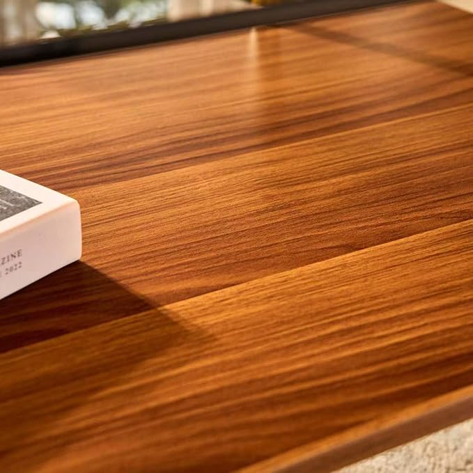 Shrine Rectangle Coffee Table, Mid-Century Modern Design, 2-Tier Structure, Amber Glass Top and Walnut MDF Shelf, 41" D x 21" W x 17" H, Sleek Conical Metal Legs with Gold Finish