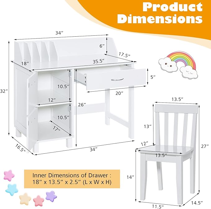 Costzon Kids Desk and Chair Set, Children Wooden School Learning Table w/Drawer & Storage Cabinets, Student Writing Computer Workstation for Bedroom & Study Room, Gift for Ages 3-8 (White)