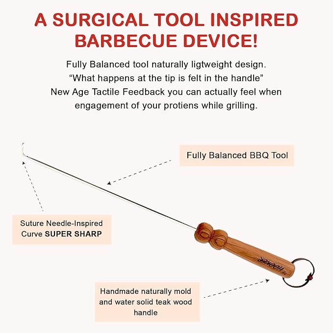 The Original BBQ Hooker, Meat Turner. Pigtail Flipper, Steak Flipper, Weber BBQ Grill, Spatula, BBQ Tongs, BBQ Tools, Camping Tool, Fire Pit Tool, Green Egg, Komodo Joe Grill.