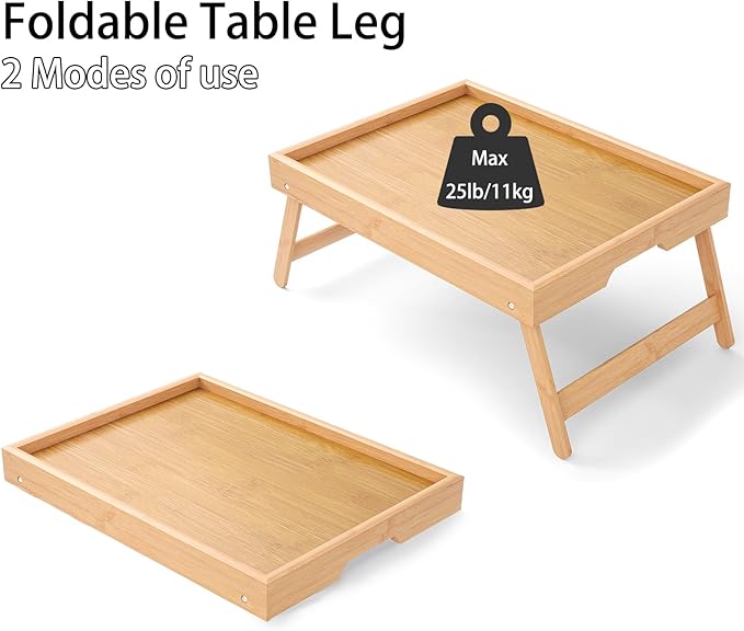 Bamboo Bed Tray Table with Foldable Legs Breakfast Tray, Lightweight Laptop Desk for Eating, Reading, Working in Bed or Sofa – Portable Lap Desk with Handles, Perfect for Home - Natural