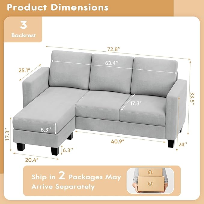 VICTONE Convertible Sectional Sofa Couch, 3 Seat L-Shaped Sofa with Linen Fabric Ottoman Small Couch for Small Apartments, Living Room and Office (Linen Fabric, Light Gray)