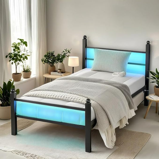 Twin Bed Frame with Headboard and Footboard,Steel Slats Support-LED Bed Frame with USB Charging Station,Mattress Foundation-Under Bed Storage,No Box Spring Needed,Noise Free,Black