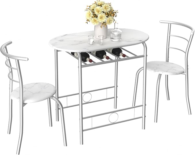 VECELO 3-Piece Dining Table Set for Kitchen Breakfast Nook, Wood Grain Oval Tabletop and Metal Frame with Built-in Wine Rack, for Small Spaces, 31.5", White & Silver
