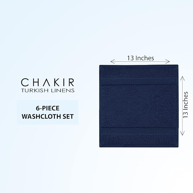 Chakir Turkish Linens 100% Cotton Premium Turkish Towels for Bathroom | 13'' x 13'' (6-Piece Washcloth, Navy)