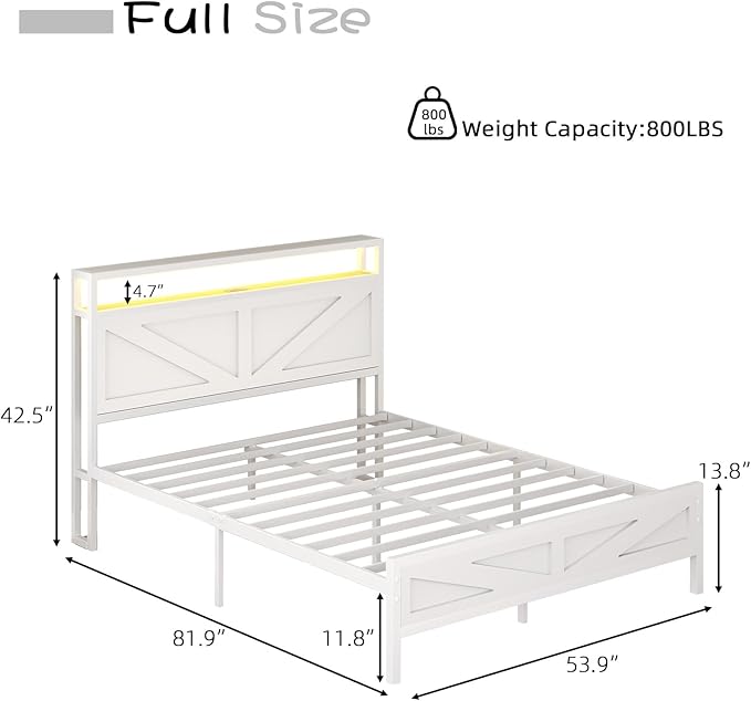 Full Size Bed Frame with LED Lights and Charging Station, Metal Platform Bed Frame Full with Storage and Rustic Barn Door Headboard, Noise Free, No Box Spring Needed, Easy Assembly, White