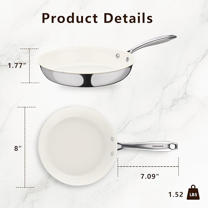 8" Tri-Ply Stainless Steel Frying Pan, Nonstick Ceramic Pan, Skillet with Stay-Cool Handle, Non Toxic, PFAS PFOA PTFE Free, Dishwasher & Oven Safe, Induction, Compatible with All Cooktops