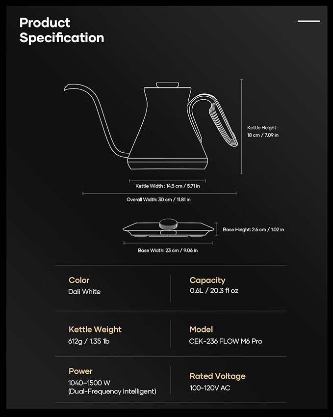 Cocinare FLOW M6 Pro Electric Gooseneck Kettle, ±0.5℉ Temperature Control for Pour-over Coffee & Tea, Stainless Steel Interior, Quick Heating for Boiling Water (Dali)
