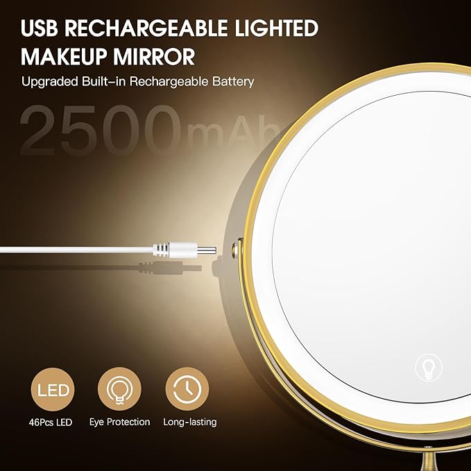 Wall Mounted Lighted Makeup Mirror,8" Rechargeable Double-Sided Light up Magnifying Mirror 1x/10x,3 Color Led Vanity Mirror with Lights,Touch Dimmable 360° Rotation-Antique Bronze