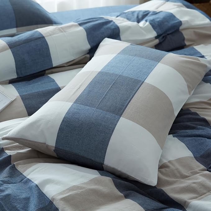 FACE TWO FACE Bedding Duvet Cover Set100% Washed Cotton Duvet Cover Linen Like Textured Breathable Durable Soft Comfy (Full, Blue and White Grid)