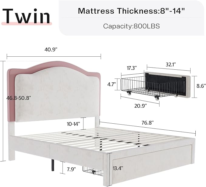 Jocisland Twin Bed Frame with 51" Tall & Thick Adjustable Headboard, Storage Drawer, RGB LED Lights, No Box Spring Needed, Velvet Upholstered, Cream