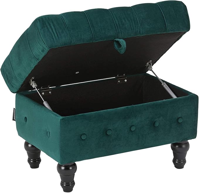 Artechworks Button Tufted Storage Ottoman, Velvet Upholstery Footstool Bed Ottoman for Living Room, Home Office, Space-Saving Storage Toy Box Coffee Table Stool, Green