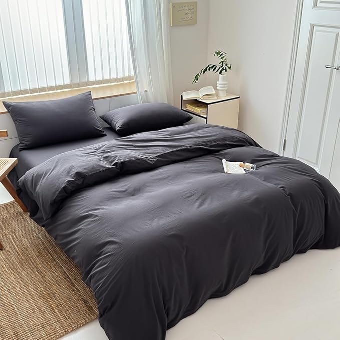 FACE TWO FACE Bedding Duvet Cover Set100% Washed Cotton Duvet Cover Linen Like Textured Breathable Durable Soft Comfy (Queen, Volcanic Black)