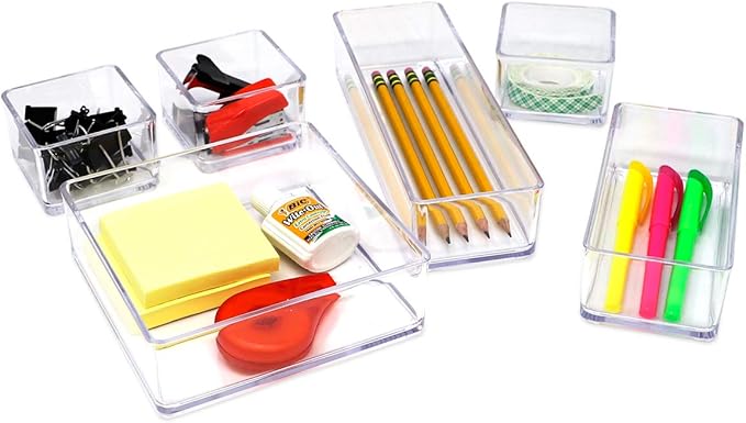 Isaac Jacobs 6-Tray Clear Acrylic Organizer Set, (Six Individual Trays), Multi-Purpose, Stackable Storage Solution for Makeup, Crafts, Desk, School, Office Supplies & More, for Bathroom, Kitchen