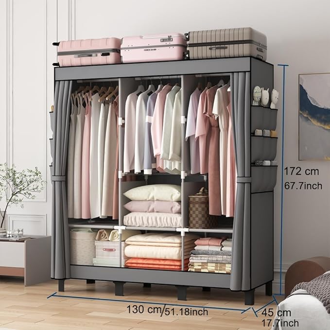 Portable Closet, Clothes Storage Box, Simple Wardrobe for Hanging Clothes, Multiple Shelves and 3 booms,6 Side Pockets (Grey) (Grey, Large)
