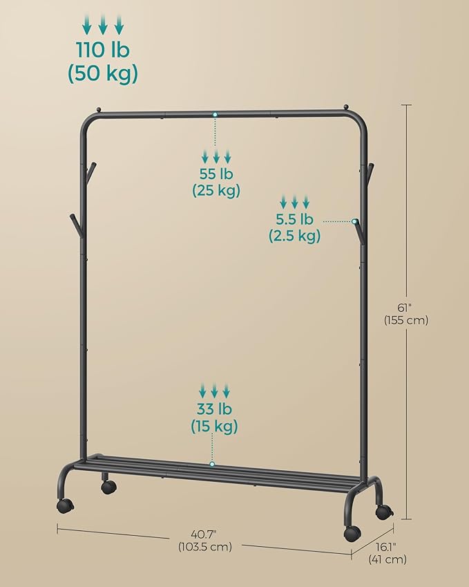 SONGMICS Clothes Rack, Clothing Rack for Hanging Clothes with Wheels, Garment Rack, Metal Frame, 110 lb Max. Total Load, 40.7 Inches Wide, Clothes Storage and Display, Black UHSR131B01